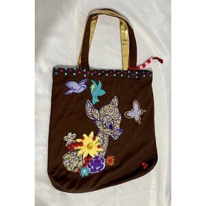 Disney Bambi Brown Beaded Floral Tote Bag Gold Straps Pocket